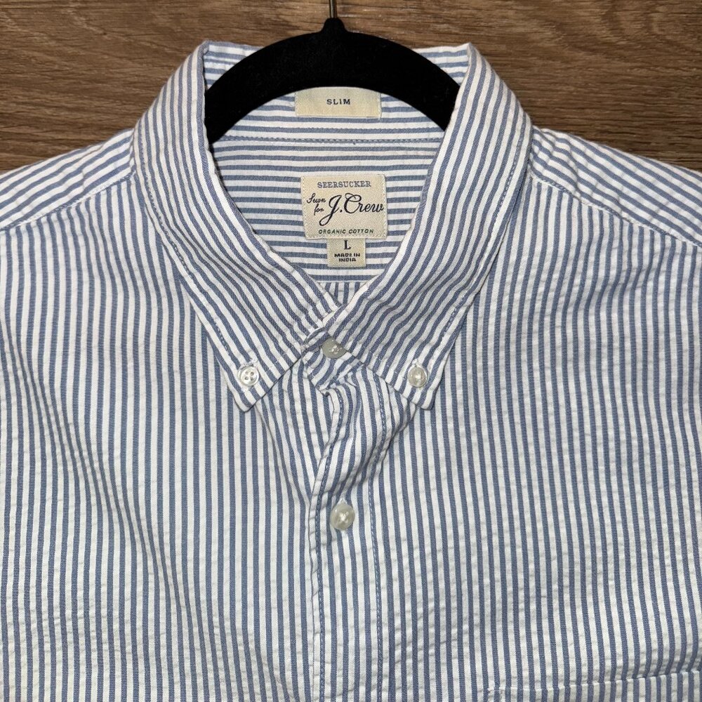 J Crew Seersucker Blue Striped Shirt (Large - Slim)